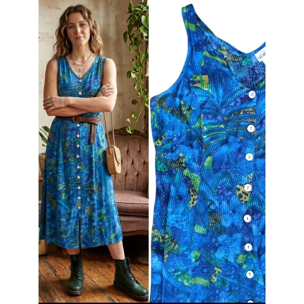 VTG 90s Blue Purple Printed Tie Back Button Front Midi Dress SZ‎ 12 Sleeveless